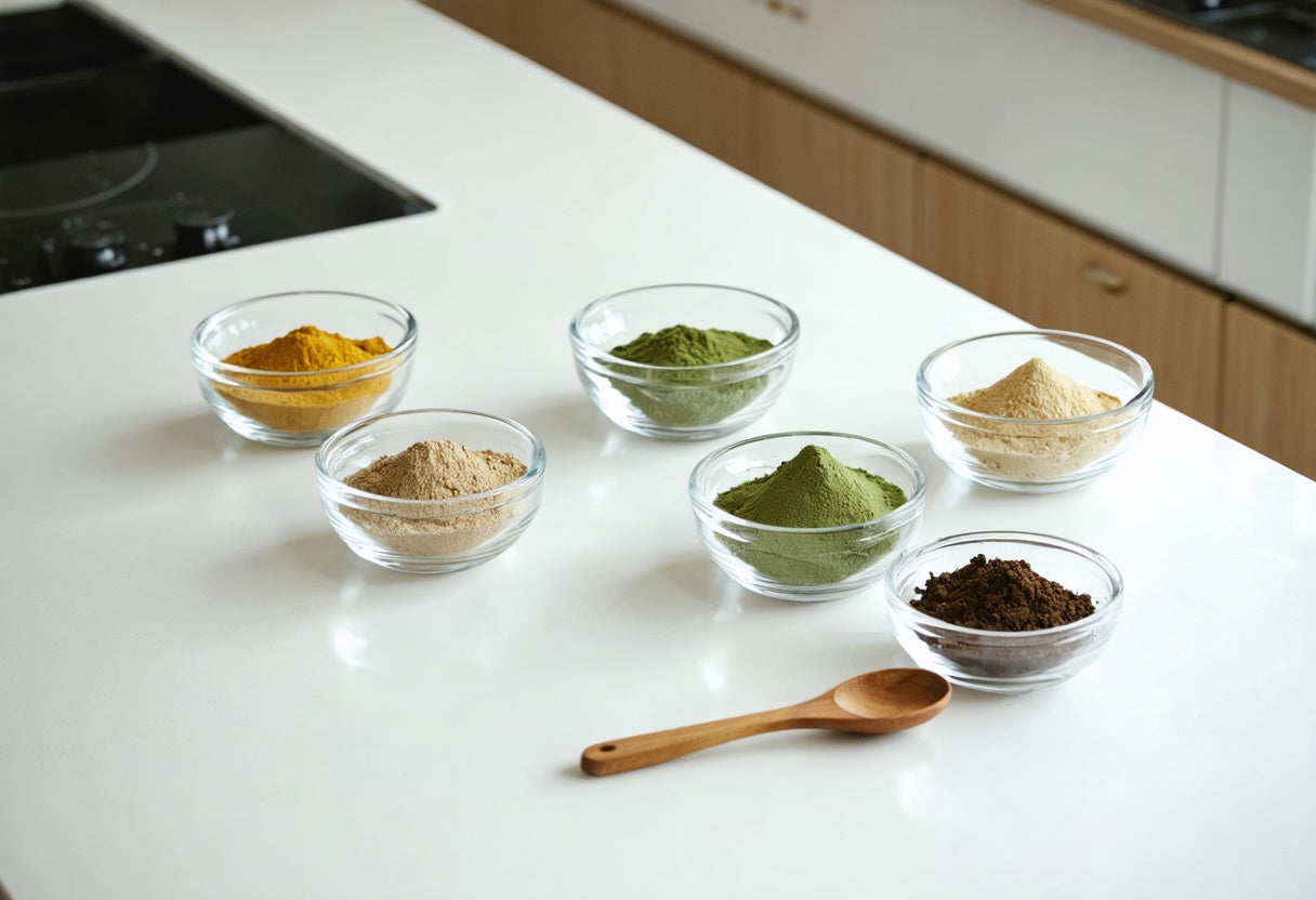 Colorful herbal powders & superfoods in glass bowls on your kitchen counter for easy daily wellness